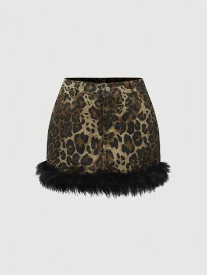 Grunge Punk Minifalda de mezclilla para mujer con bolsillos de estilo Harajuku Y2K, con parches de estampado de leopardo y tejido suave