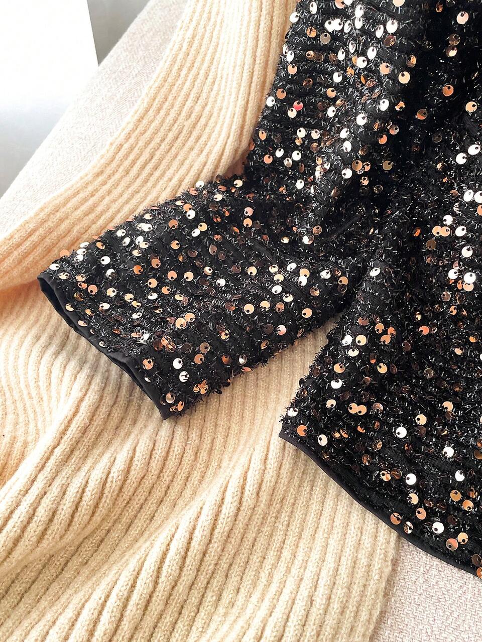 Women's Spring Autumn Sequin Decorated Long Sleeve Casual Loose Jacket