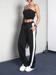 SHEIN EZwear 女士秋季运动装街头风格休闲运动拼布黑色运动裤 - 黑色 - 查看 3