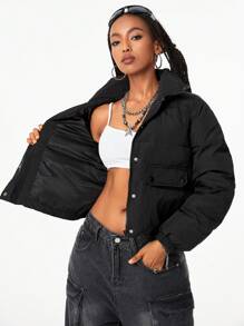 SHEIN EZwear Women's Winter Short Warm Quilted Fashion Jacket Zin Up Hooded Crop Coat - Black - View 5