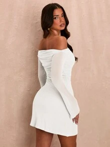 SHEIN BAE Summer Sexy Off-Shoulder Ruffle Mini Dress With Flare Hem For Women, See-Through Sage Green - White - View 2