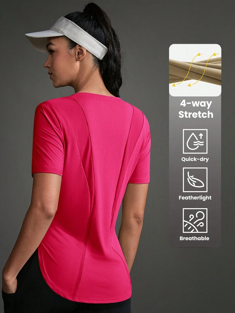 Women Contrast Color Short Sleeve Casual Sporty T-Shirt & Tank Top Gym Shirts - Hot Pink - View 1