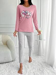 EURMUSE 女士圆领字母印花长袖上衣和全身印花长裤睡衣套装