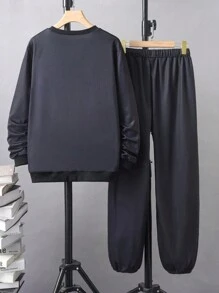 2 件套青少年男孩卡通印花宽松运动衫和运动裤休闲运动装，春秋季 - 黑色 - 查看 2