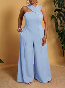 Plus Size Solid Color Asymmetric Neck Wide Leg Jumpsuit - Blue - View 4