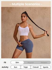 SHEIN Sports Solid Color Slim Fit Sporty Shorts, Casual Daily Wear Spandex Short - Blue - View 3