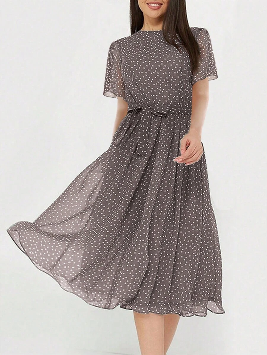 PoPoHouse Women's Elegant Round Neck Polka Dot Print Short Sleeve Waist Dress, Spring/Summer Dresses, Vacation Outfits Women, Beach Dress ,Valentine Outfits For Women - Coffee Brown - View 1
