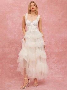 SHEIN Dam sommar Enfärgad Mesh Kontrast Rufsig midja Tie Maxi Elegant Slip Dress - Vitt - Visa 1