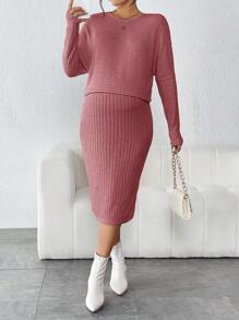 SHEIN 孕婦純色羅紋針織 T 恤和可調節腰部裙子套裝 - 藕粉色 - 查看 3