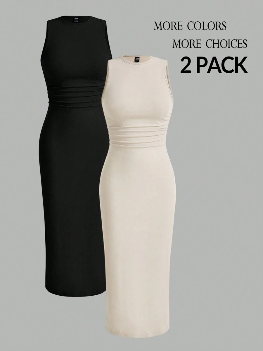 SHEIN PETITE Relaxed Knit Stretch Bodycon Black And Apricot Two-Piece Dress ,Petite Women - Multicolor - View 1