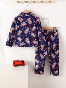 2件套男婴休闲阻燃数码印花消防车图案针织Polo衫和裤子家居服套装 - 彩色 - 查看 2