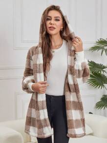 Áo khoác vest dài không tay kẻ caro màu kaki-be hai mặt, cổ tay, viền, có mũ trùm đầu, thường ngày cho mùa đông - Màu be - Xem 6