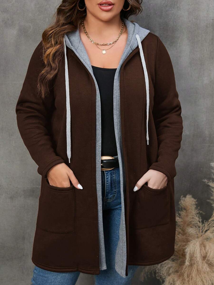 SHEIN LUNE Plus Dual 冬季女装口袋抽绳连帽外套 - 棕色 - 查看 1
