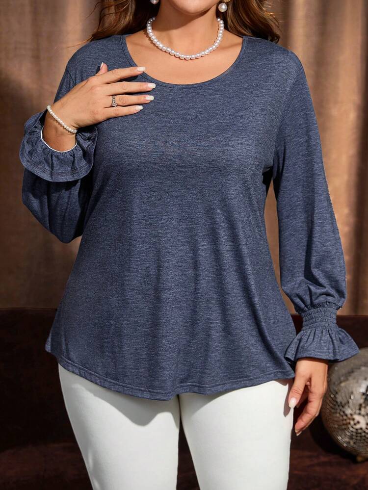 Plus Size Women's Solid Color Crew Neck Long Sleeve T-Shirt