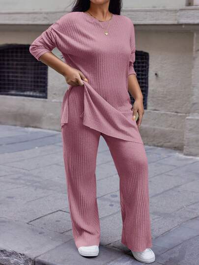 EURMUSE Plus Size Women's T-Shirt With Split Hem And Pants Set