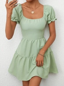 Breezaya Women's Vacation Solid Color Back Knot Mini Dress With Puff Sleeves & Ruffle Hem