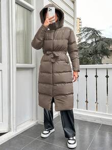 EURMUSE Women's Casual Solid Color Hooded Padded Coat - Mocha Brown - View 3