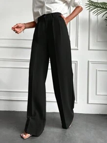 EURMUSE Solid Slant Pocket Wide Leg Suit Pants - Black - View 3