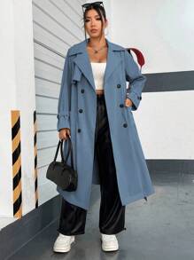 Flirla Plus Size Casual College Style Retro Double-Breasted Lapel Collar Side Pocket Long Trench Coat Fall Winter Cloth For Women Autumn - Dusty Blue - View 1