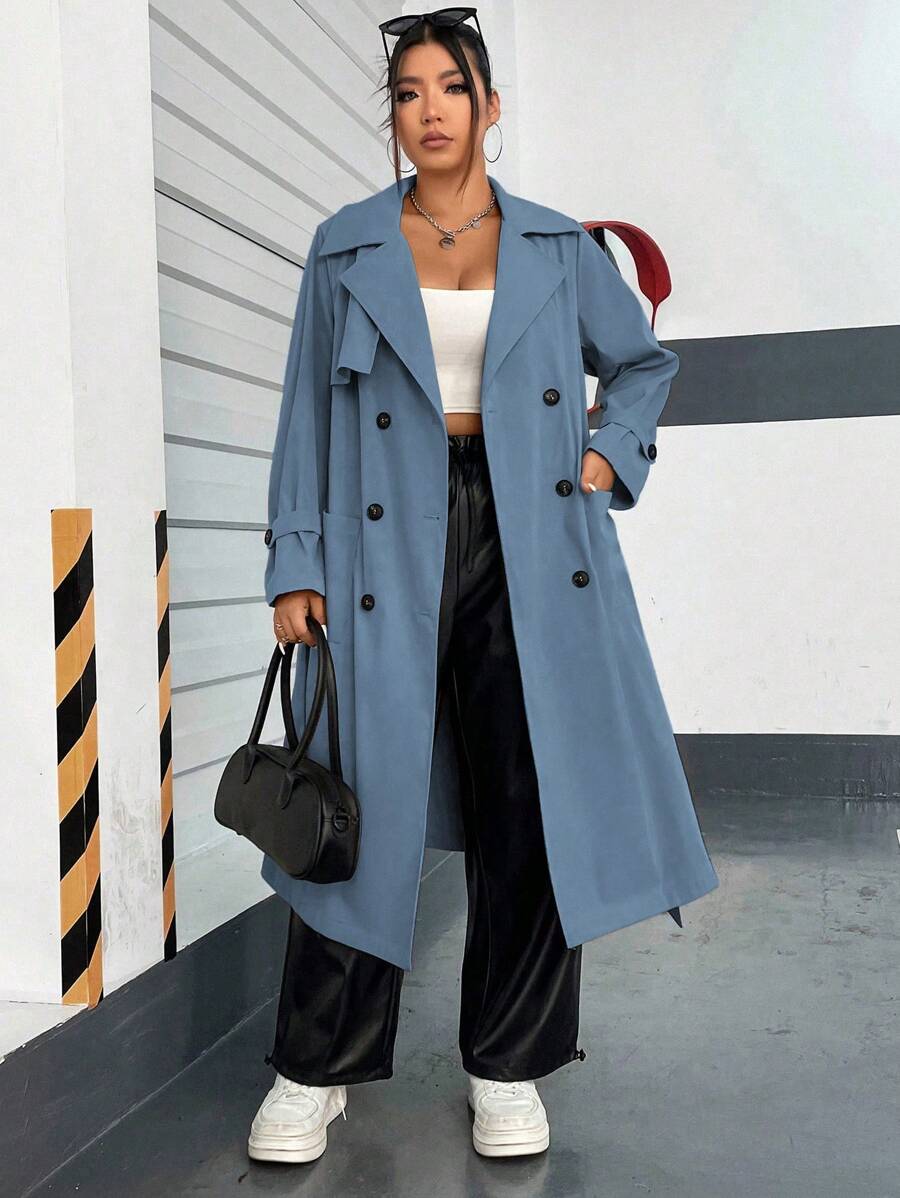 Flirla Plus Size Casual College Style Retro Double-Breasted Lapel Collar Side Pocket Long Trench Coat Fall Winter Cloth For Women Autumn - Dusty Blue - View 1