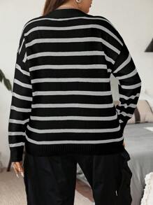 Vionelle Plus Size Women's Color Block French Striped Collared Knit Sweater Top, For Winter Knit Pullover Fall - Black - View 2