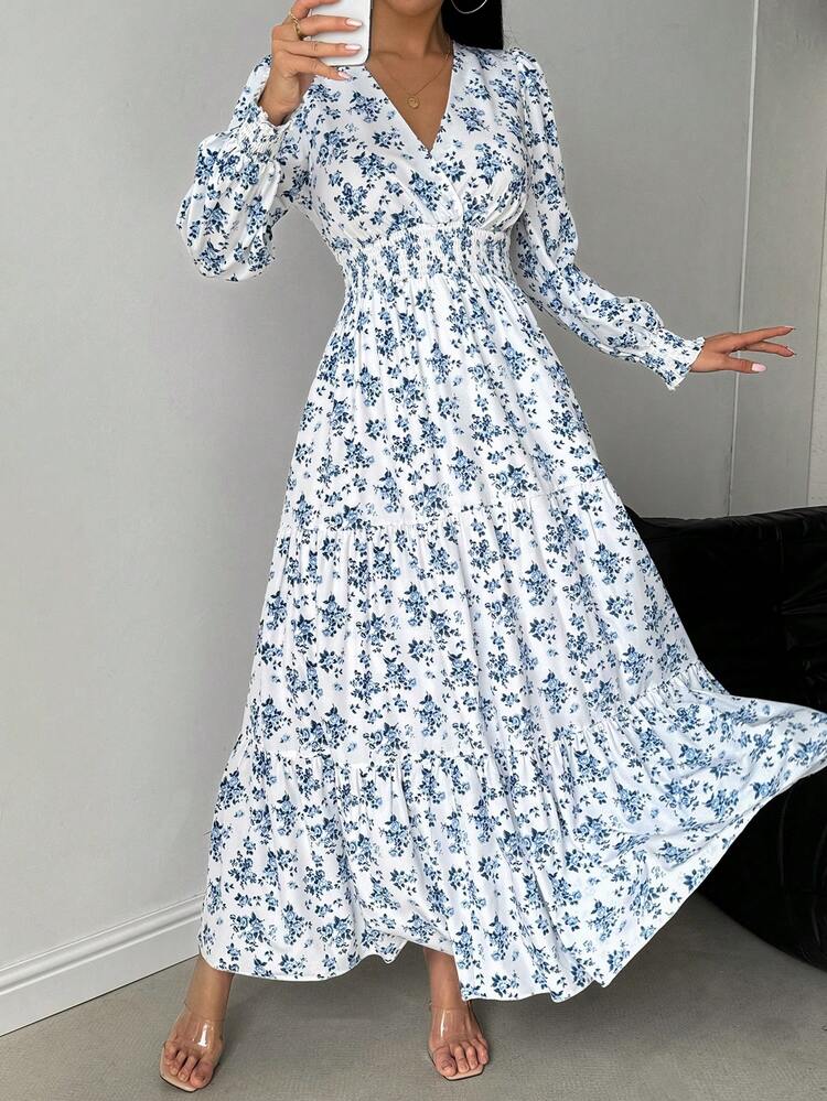 SHEIN Clasi Women's Blue & White Floral Print V-Neck Long Sleeve Dress |  SHEIN USA
