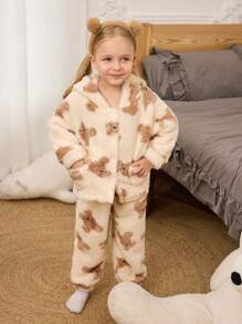 2 件装少女可爱米色毛绒小狗印花连帽长袖上衣和裤子舒适保暖加厚睡衣套装