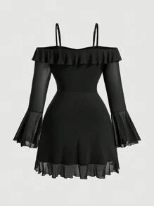 SHEIN MOD Plus Size Coffee Off Shoulder Romantic Ruffle Flare Sleeve Short Dress - Black - View 2
