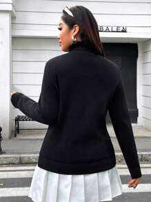 Flirla Plus Size Casual Faux Pearls Decor Stand Collar Sweater For Spring & Fall Knit Pullover Fall Winter - Black and White - View 2