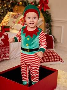 SHEIN Bộ 2 món/Bộ đồ liền thân phong cách đơn giản dễ thương cho bé trai/bé gái mặc ngày lễ Giáng sinh kèm mũ thêu, thích hợp mặc vào dịp Giáng sinh và mặc hàng ngày - Nhiều màu - Xem 4