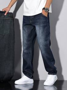 Manfinity Homme 男士水洗做旧保暖牛仔裤，纯色深蓝色长直筒深色水洗牛仔裤水洗工装牛仔裤，适合送给老公、男朋友的礼物