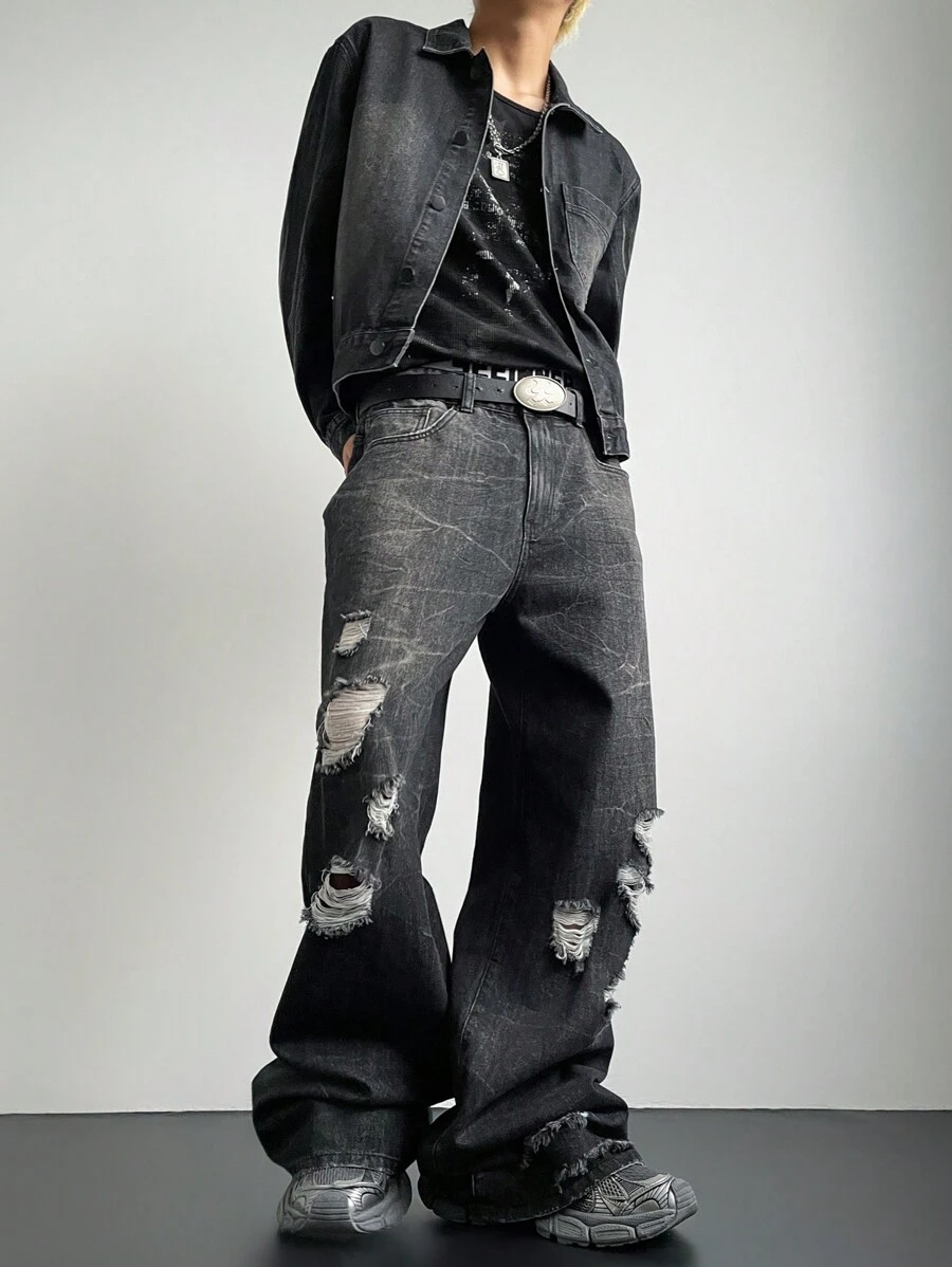 Manfinity EMRG Men's Black Distressed Denim Loose Street Style Jacket And Wide Leg Pants Set - Black - View 1