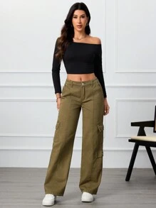 SHEIN Essnce Women's Cargo Pockets Wide Leg Loose Casual Denim Jeans