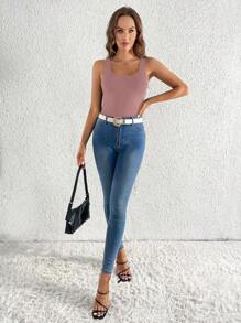 SHEIN Tall Camiseta de tirantes ajustada de unicolor con escote de pala para mujer en verano - Rosa vieja - Ver 3