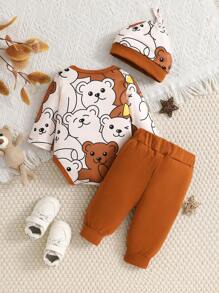 SHEIN 3 Peças Conjunto de Outono e Inverno para Recém-Nascido Menino, Bodysuit de Manga Longa + Calça + Chapéu com Estampa de Urso, Decoração com Laço, Fofo e Aconchegante para Uso Interno e Externo - Castanho - Visão 2