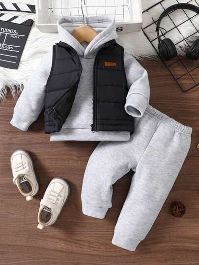 SHEIN Baby Boy 3-Piece Set: Letter Patched Black Vest Coat, Thermal Lined Hooded Sweatshirt & Sweatpants,  Warm, Suitable For Autumn/Winter Outdoor Activities