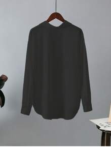 大码女式纯色长袖休闲宽松衬衫，春夏黑色 - 黑色 - 查看 9