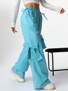 SHEIN EZwear 女士纯色蝴蝶结阔腿工装裤 - 藍色 - 查看 6