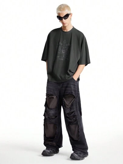 Manfinity VCAY Men's Street Style Crown Rhinestone Decor Short Sleeve Cotton T-Shirt, Summer