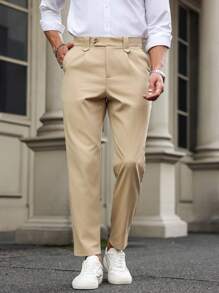 Calvornis Men Solid Color Tapered Suit Pants - Khaki - View 3