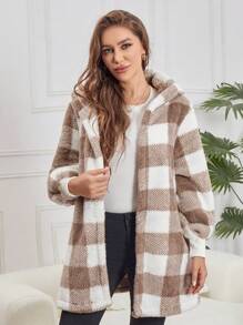 Áo khoác vest dài không tay kẻ caro màu kaki-be hai mặt, cổ tay, viền, có mũ trùm đầu, thường ngày cho mùa đông - Màu be - Xem 2