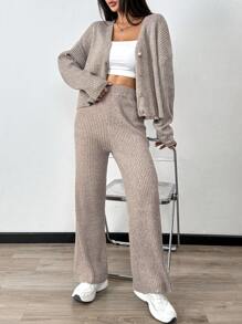 Chiquease Ribbed V-Neck Casual Solid Color Elegant Commute Fitted Knit Two-Piece Set - Apricot - View 5