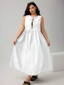 SHEIN Essnce Plus Size Women's Bowknot Waist Sleeveless Basic Fashionable Dress