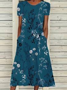 INAWLY Women Plant Print Round Neck Short Sleeve Dress - Teal Blue - View 1
