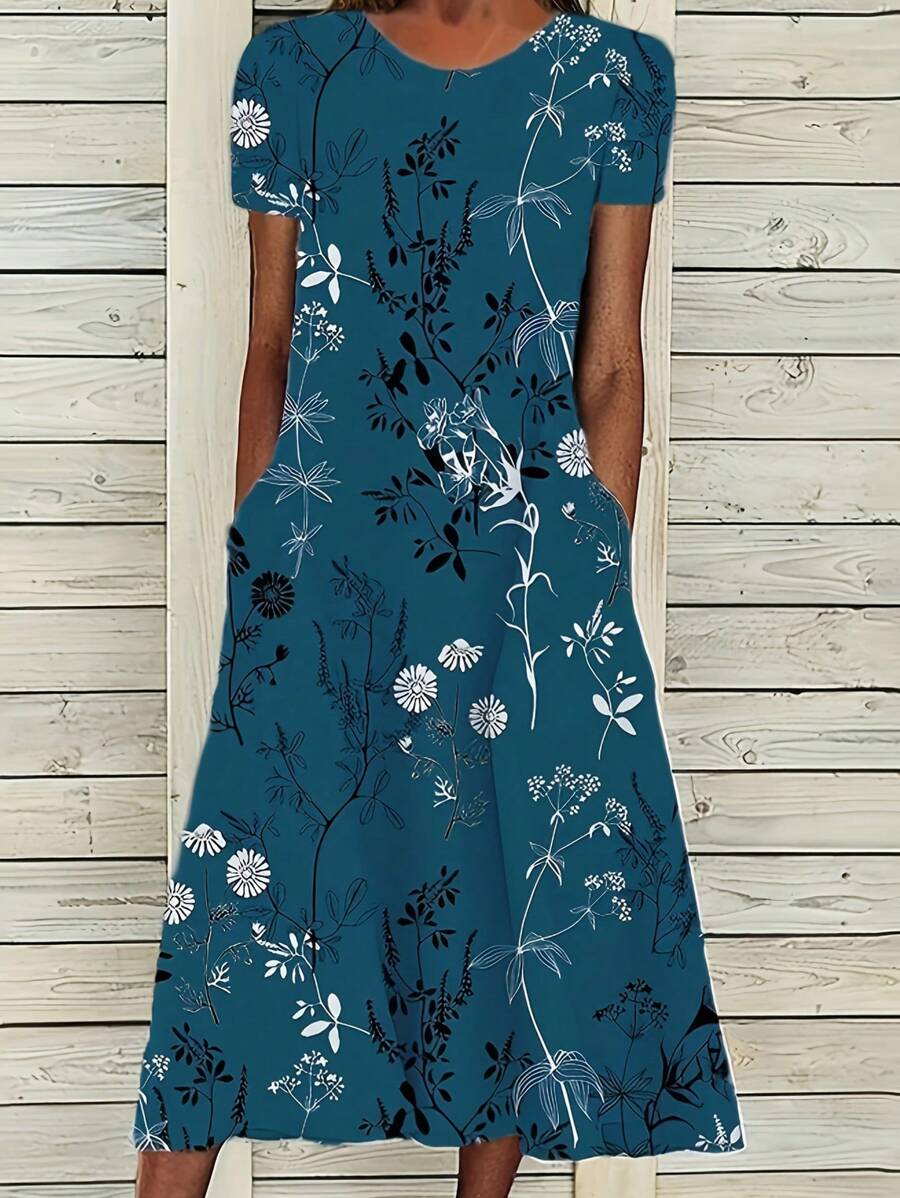 INAWLY Women Plant Print Round Neck Short Sleeve Dress - Teal Blue - View 1