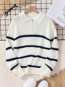 Kids/Tween Boy Casual Colorblock Striped Collar Henley Long Sleeve Sweater
