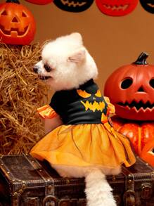 PETSIN 1pc Pet Halloween Funny Expression Print Dress Pumpkin & Bow Decor Orange Black Mesh Cap Sleeve Dog Dress