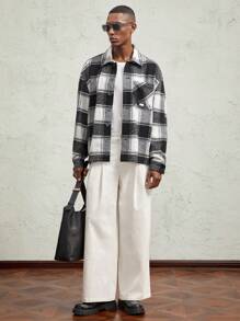 Business Casual Men's Woven Plaid Loose Casual Turndown Collar Jacket, For Fall Winter - Black and White - View 9