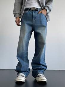 Claim Dot Men's Light Blue Vintage Distressed Washed Loose Fit Baggy Jeans - Dark Wash - View 4