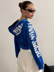 StreetHx 女士哥特风文字短款拉链连帽卫衣，秋冬季，长袖上衣，毕业季，返校季，毕业典礼，教师款，女士返校秋季卫衣 - 藍色 - 查看 2